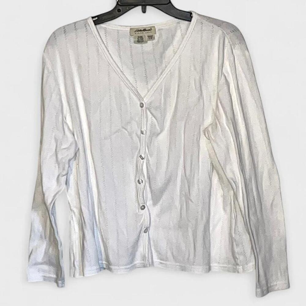 Eddie Bauer Vintage White Vertical Line V-Neck Button Down Cardigan - Size L